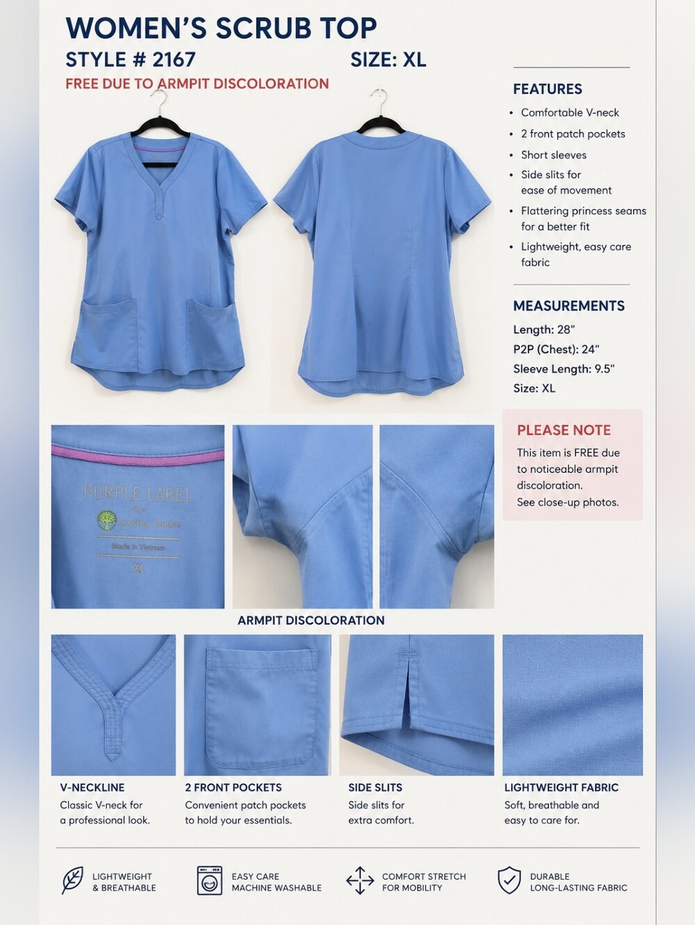 Purple Label by Healing Hands 3 Piece Scrub Set Light Blue L/XL - Picture 4 of 7